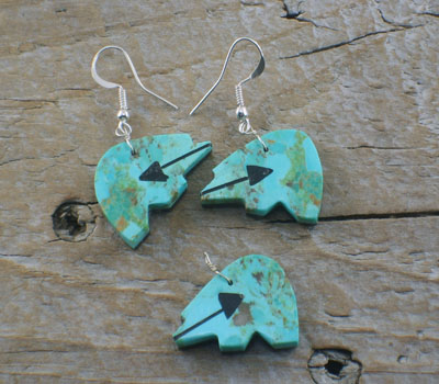 Pendant Earring Set Turquoise Jet Bear Double Sided